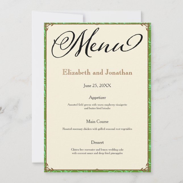 Green Aqua Brown Country Wedding Reception Menu Invitation (Front)