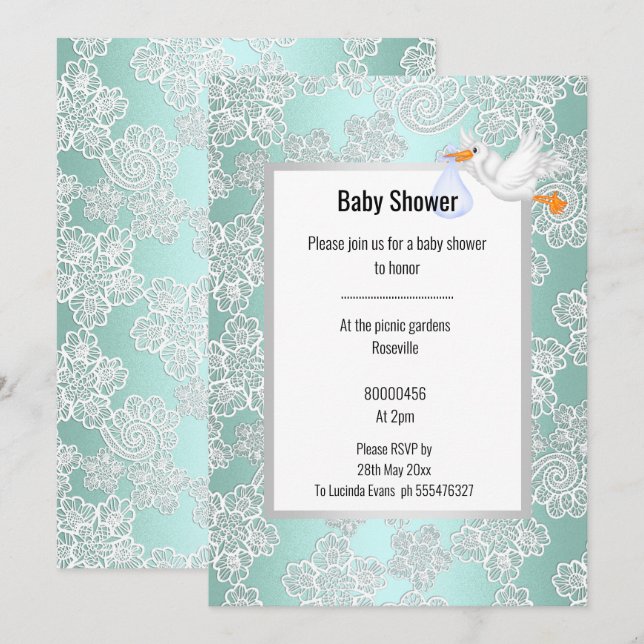 GREEN AQUA LACE DETAIL WHITE STORK BABY SHOWER INVITATION (Front/Back)