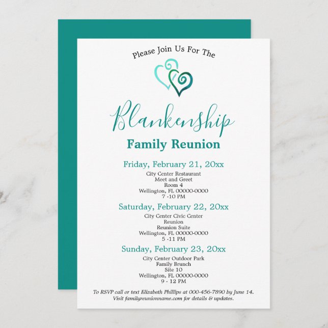 Green Aqua Linked Hearts 3-Day Reunion Invitation  (Front/Back)