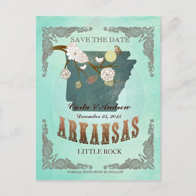 Green Aqua Save The Date -AR Map With Lovely Birds Announcement Postcard (Front)