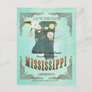 Green Aqua Save The Date -MS Map With Lovely Birds Announcement Postcard