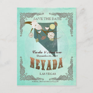 Green Aqua Save The Date -NE Map With Lovely Birds Announcement Postcard