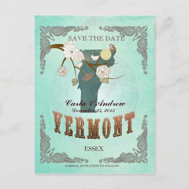 Green Aqua Save The Date -VT Map With Lovely Birds Announcement Postcard (Front)
