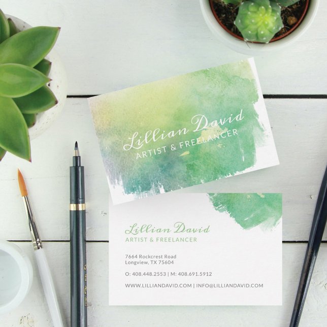 Green & Aqua Watercolour Wash Artistic Business Card (Creator Uploaded)