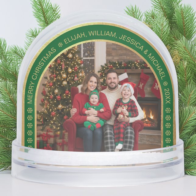 Green Arch Christmas Family Photo Faux Gold Foil  Snowglobe (Creator Uploaded)