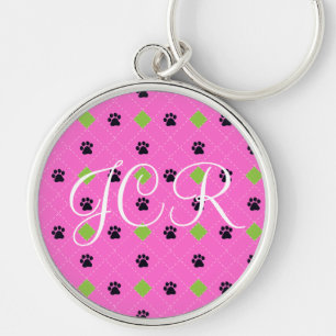 Green Argyle Paw Prints Key Ring
