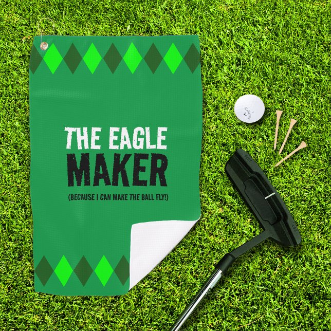 Green Argyle The Eagle Maker Golf Towel (The Eagle Maker green argyle golf towel with putter, ball, and 3 tees on golf green)