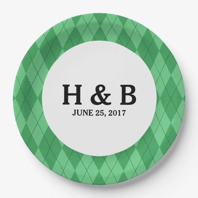 Green Argyle Wedding Paper Plates (Front)