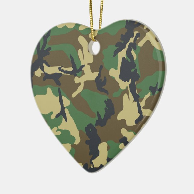 Green Army Camouflage Print Military Heart Ceramic Ornament (Left)