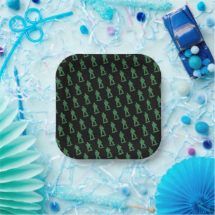 Green Army Men on Black Paper Plate