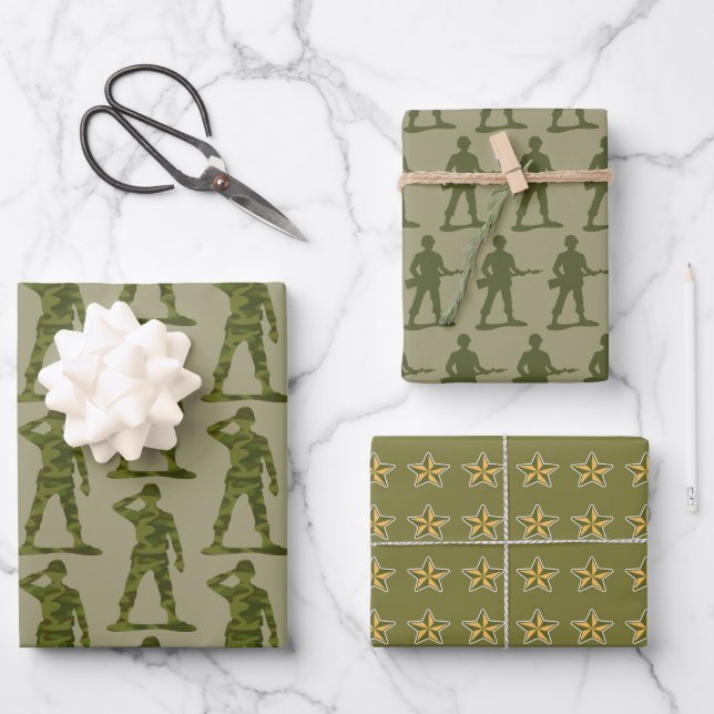 Green Army Men Trio Wrapping Paper Sheet (Front)