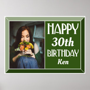 Green Art Deco 30th Birthday Photo Poster