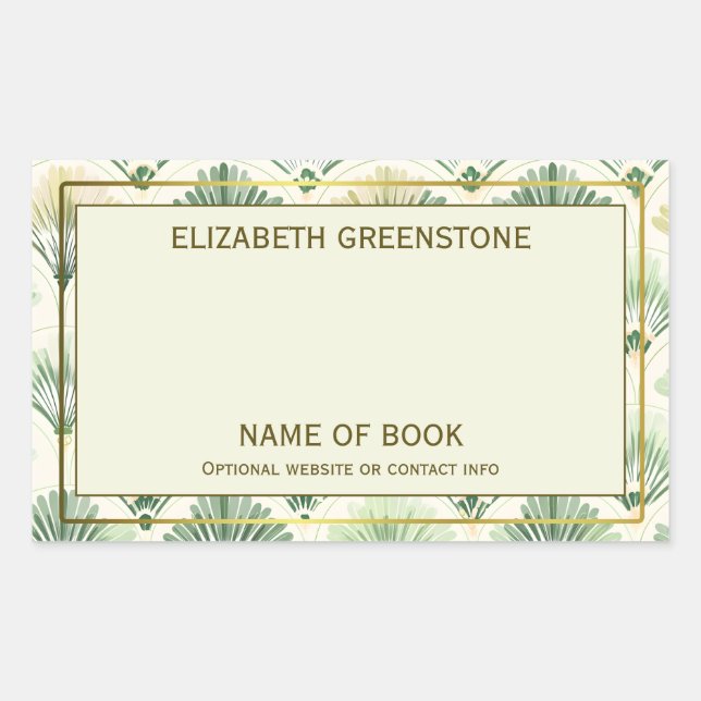 Green Art Deco Author Signature Bookplate Rectangular Sticker (Front)