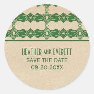 Green Art Deco Border Save the Date Stickers