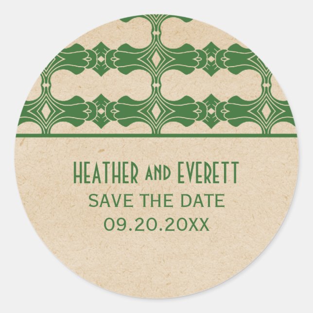 Green Art Deco Border Save the Date Stickers (Front)