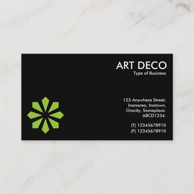 Green Art Deco Flower Symbol - Black Business Card (Front)