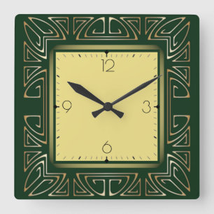 Green art deco square wall clock