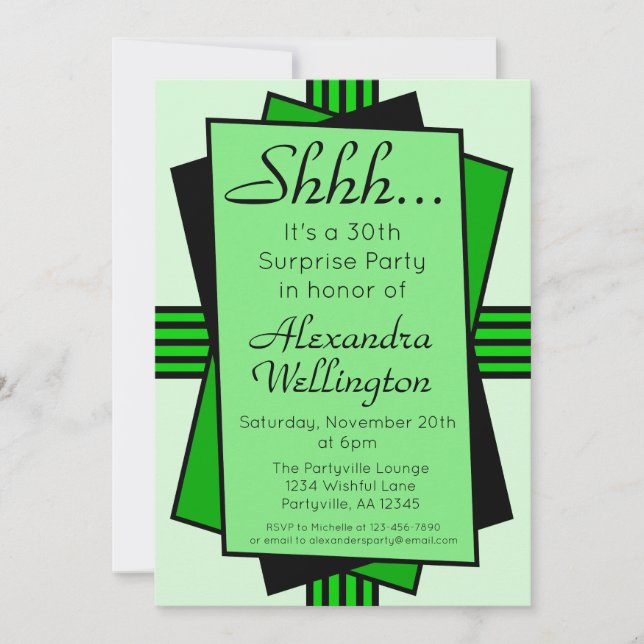 Green Art Deco Surprise Party Birthday Invitation (Front)
