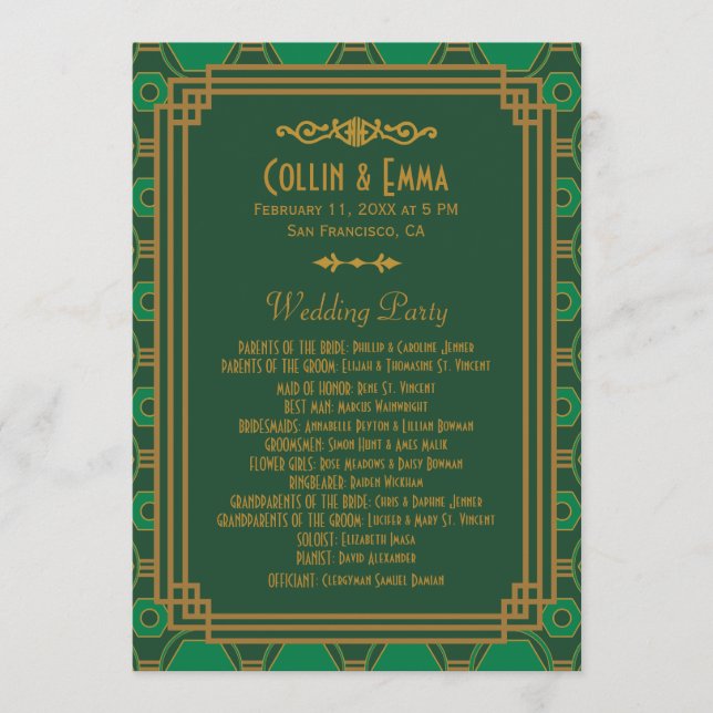 Green Art Deco Wedding Programs (Front)