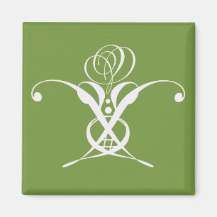Green Art Deco White Flourish Rose Magnet