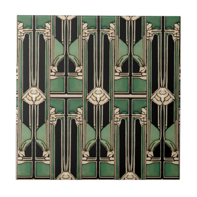 Green Art Nouveau Geometric Art Deco  Ceramic Tile (Front)