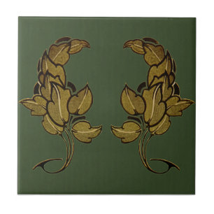 Green Art Nouveau Leaves Accent Ceramic Tile