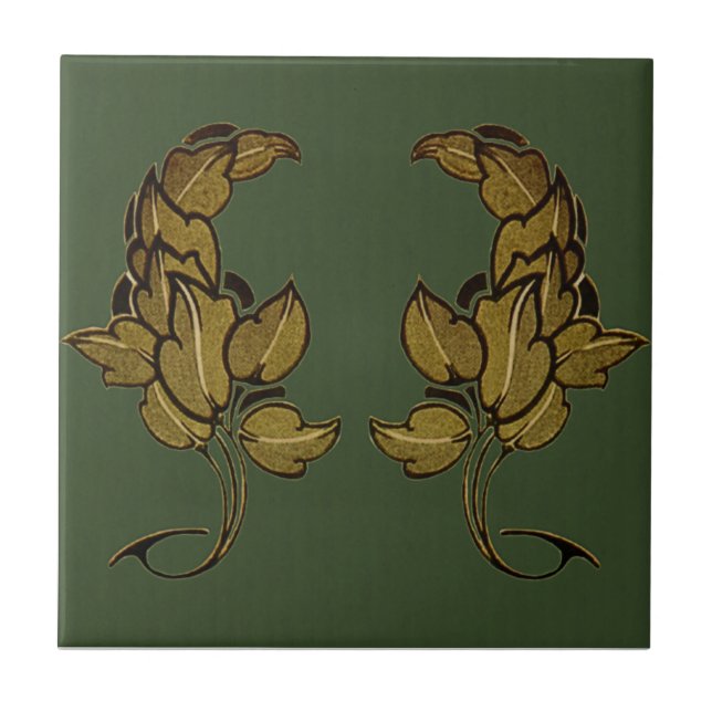 Green Art Nouveau Leaves Accent Ceramic Tile (Front)
