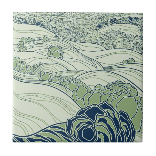 Green Art Nouveau Rolling Hills Country Fields Ceramic Tile (Front)