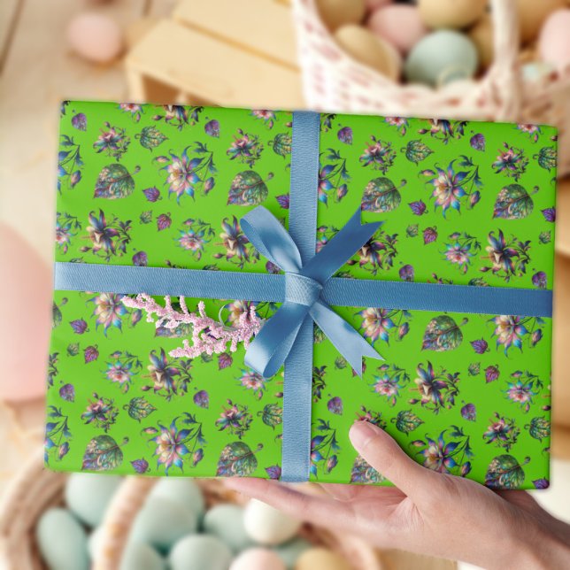 Green Art Nouveau Stained Glass Columbine Flowers Wrapping Paper (Creator Uploaded)