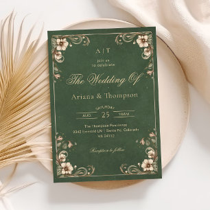 Green Art Nouveau Vintage Floral Wedding Invitation