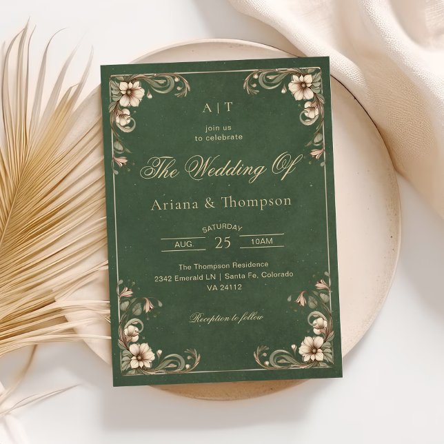 Green Art Nouveau Vintage Floral Wedding Invitation (Creator Uploaded)