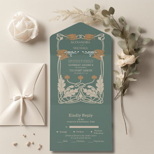 Green Art Nouveau Wedding All In One Invitation