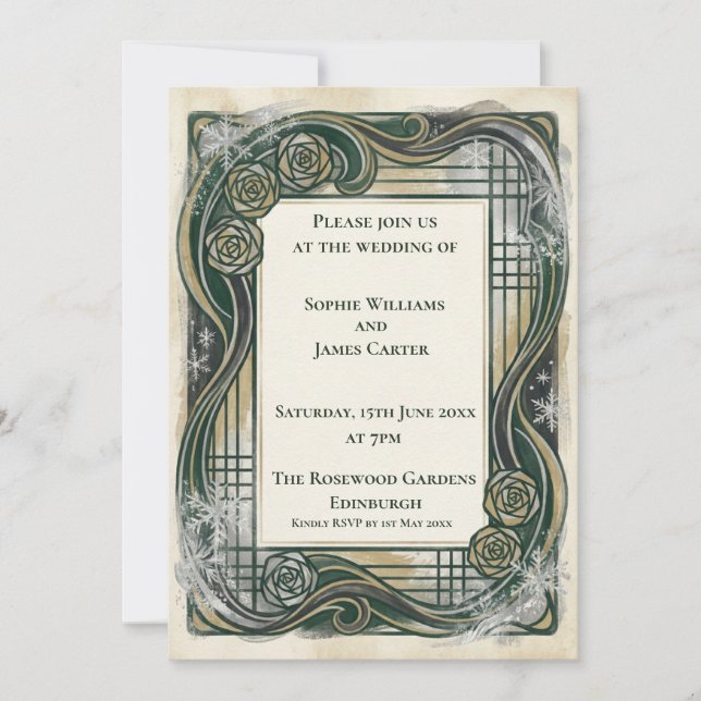 Green Art Nouveau Wedding Invitation (Front)