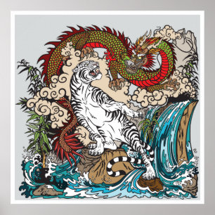 Green Asian dragon VS White tiger. Illustration Poster