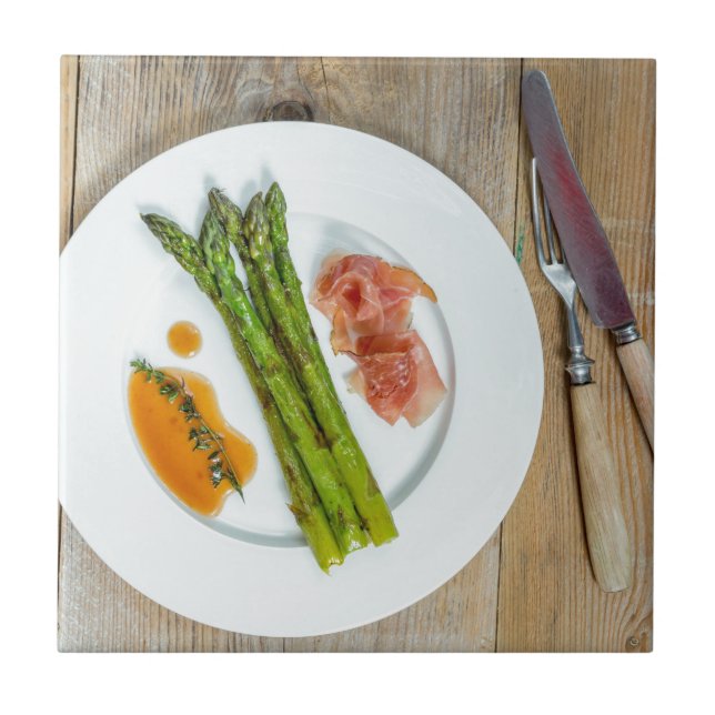 Green asparagus with ham and sauce ceramic tile (Front)