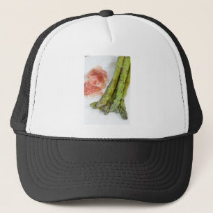 Green asparagus with ham and sauce trucker hat