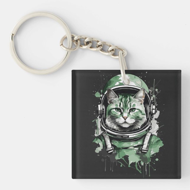 Green Astronaut Cat Splash Key Ring (Front)