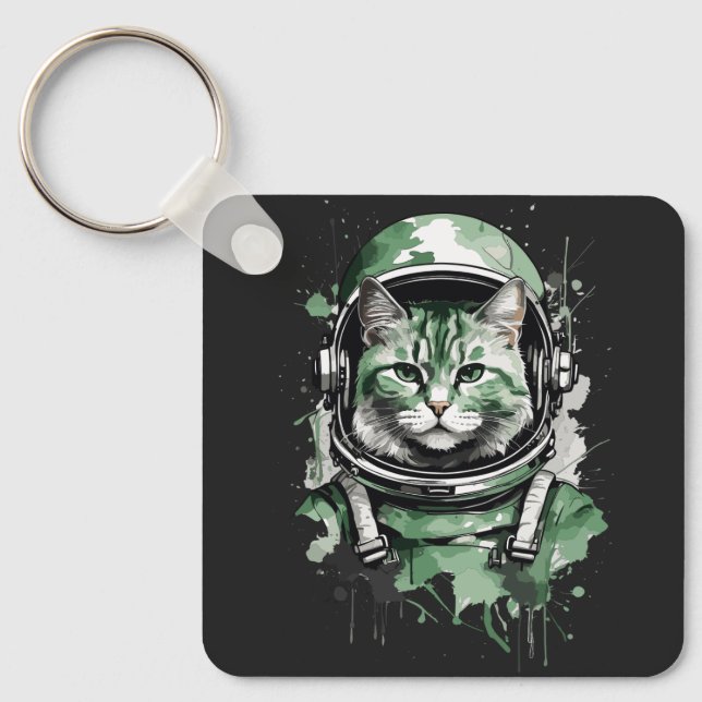 Green Astronaut Cat Splash Key Ring (Front)