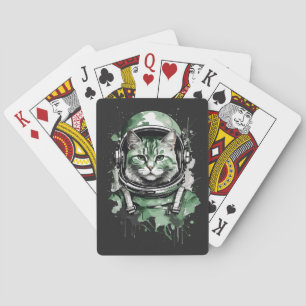 Green Astronaut Cat Splash Playing Cards