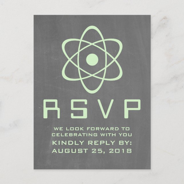 Green Atomic Chalkboard RSVP Postcard (Front)