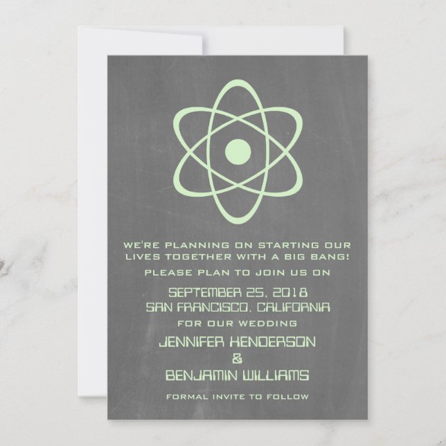 Green Atomic Chalkboard Save the Date Invite (Front)