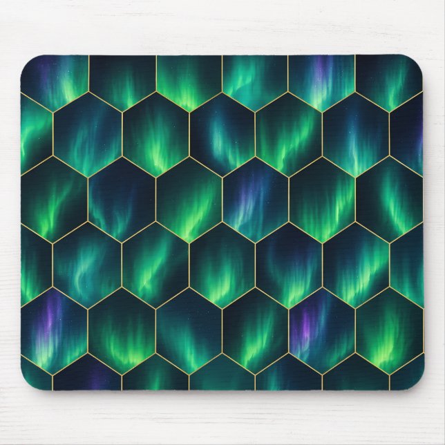 Green Aurora Borealis Hexagon Pattern Mouse Pad (Front)