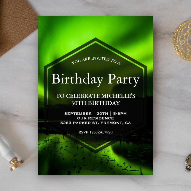 Green Aurora Northern Lights Birthday Party Invitation (Creator Uploaded)
