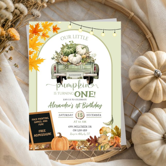 Green Autumn Leaves Little Pumpkin Truck Birthday Invitation (Creator Uploaded)