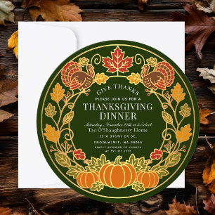 Green Autumn Pumpkin Turkey Thanksgiving Dinner Invitation