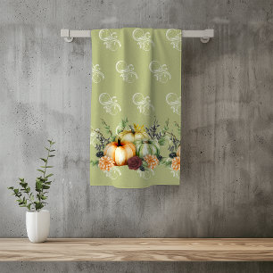 Green Autumn Pumpkin Watercolor Thanksgiving Bath  Towel Set
