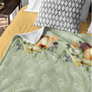 Green Autumn Pumpkin Watercolor Thanksgiving  Fleece Blanket