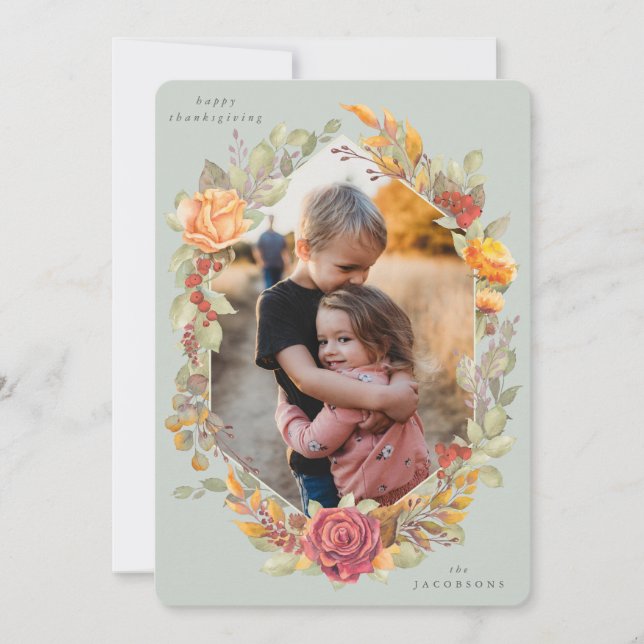 Green Autumnal Florals Thanksgiving Photo Card (Front)