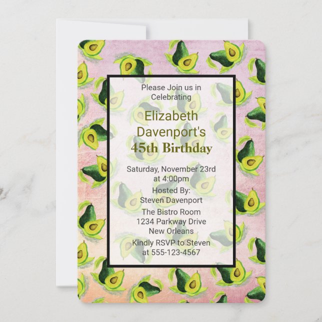 Green Avocados Watercolor Pattern Birthday Invite (Front)