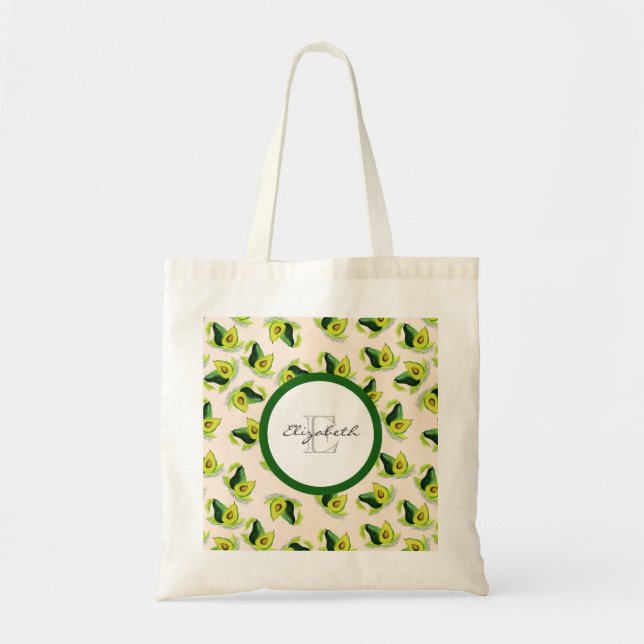 Green Avocados Watercolor Pattern Monogram Tote Bag (Front)
